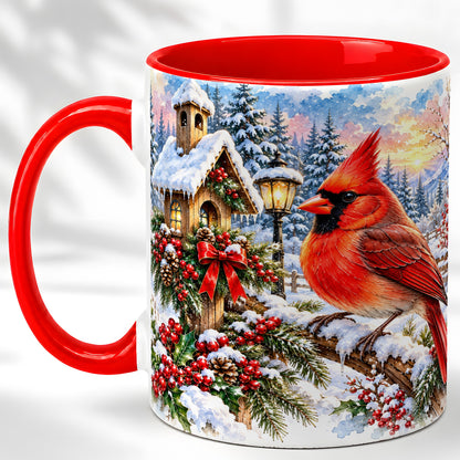 Watercolor Cardinal Coffee Mug, Winter Bird Mug, Ceramic Cup