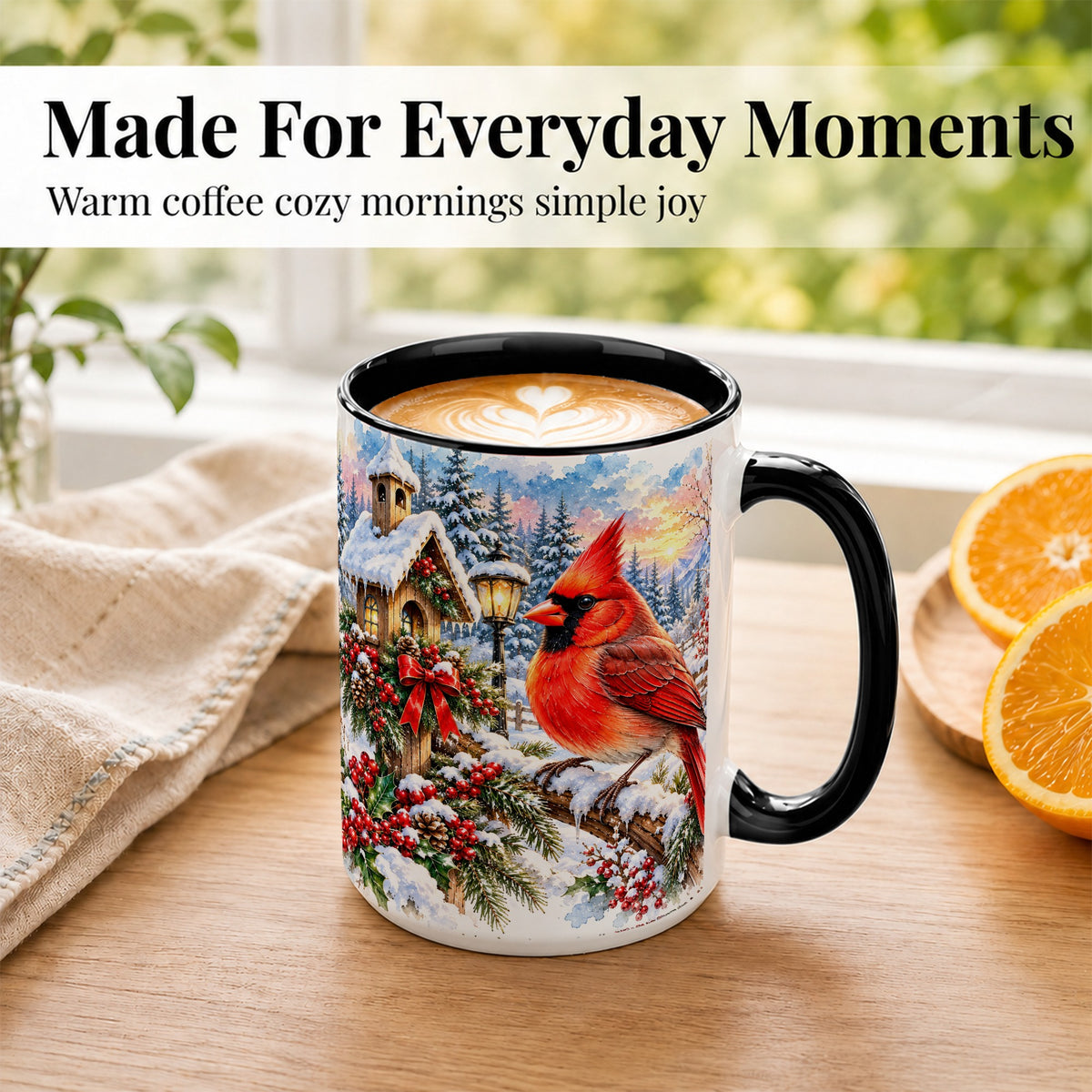 #pl[15oz|Black] Watercolor Cardinal Coffee Mug, Winter Bird Mug, Ceramic Cup