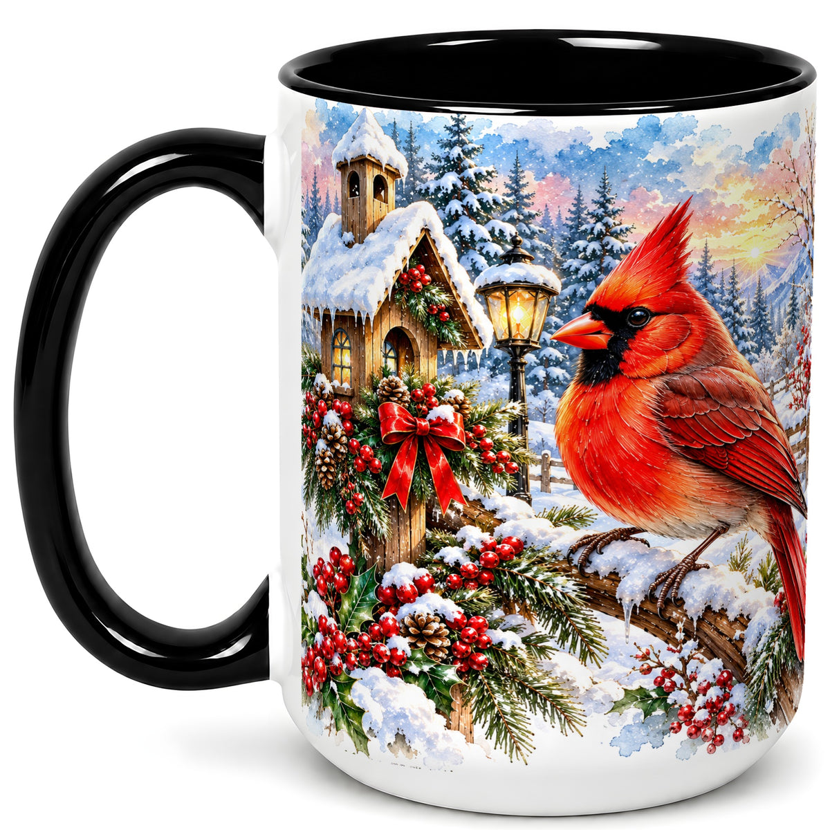 #pl[15oz|Black] Watercolor Cardinal Coffee Mug, Winter Bird Mug, Ceramic Cup