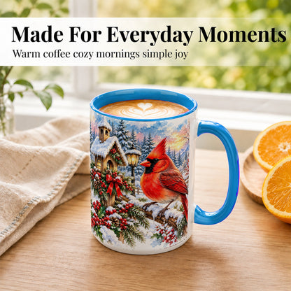 #pl[15oz|Blue] Watercolor Cardinal Coffee Mug, Winter Bird Mug, Ceramic Cup