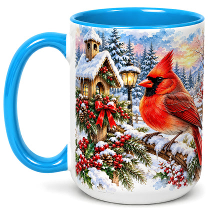 #pl[15oz|Blue] Watercolor Cardinal Coffee Mug, Winter Bird Mug, Ceramic Cup
