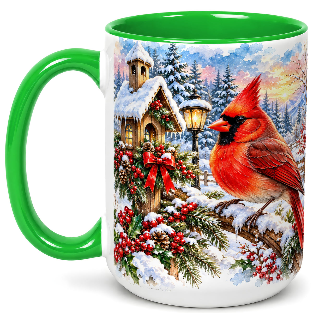 #pl[15oz|Green] Watercolor Cardinal Coffee Mug, Winter Bird Mug, Ceramic Cup