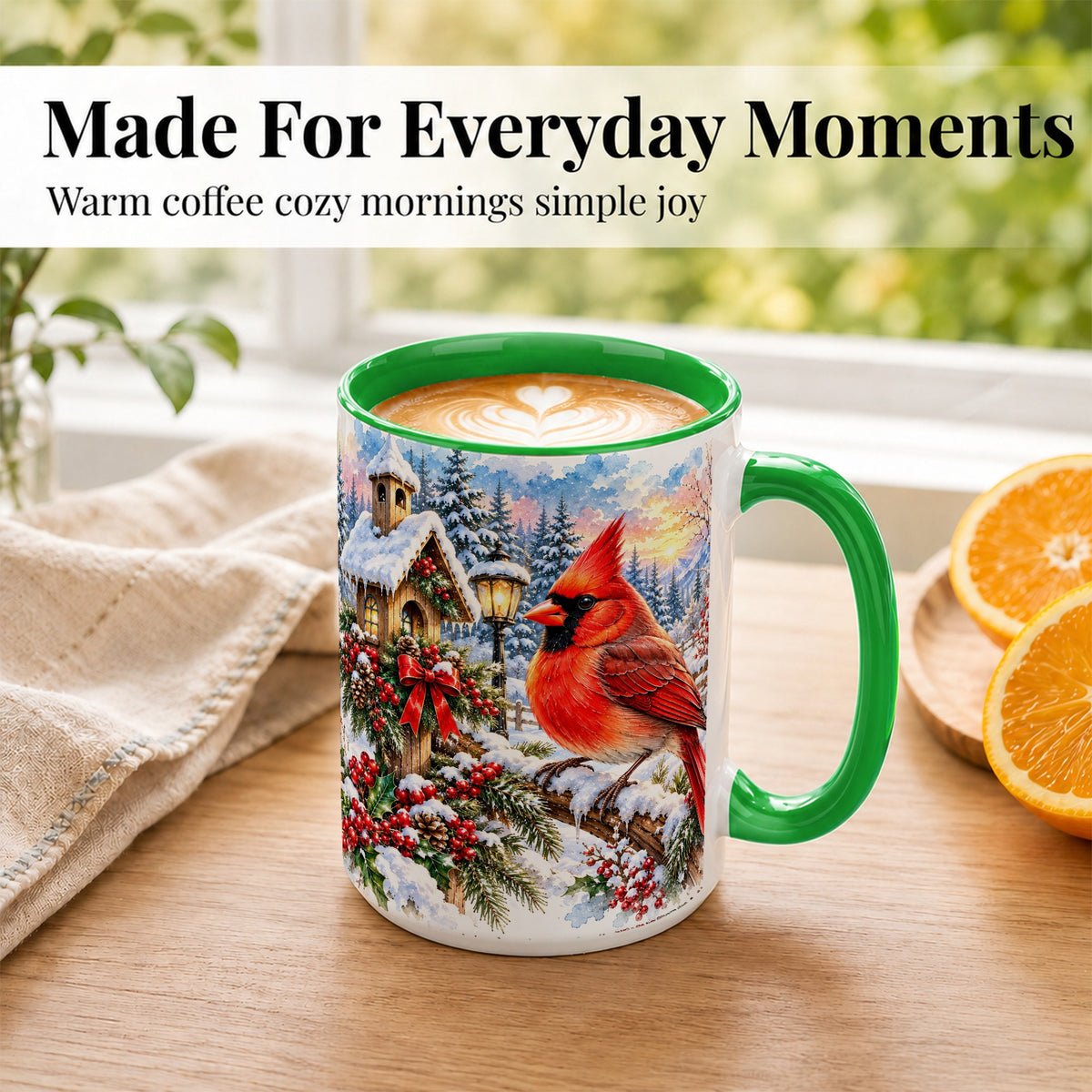 #pl[15oz|Green] Watercolor Cardinal Coffee Mug, Winter Bird Mug, Ceramic Cup