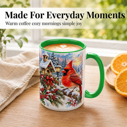 #pl[15oz|Green] Watercolor Cardinal Coffee Mug, Winter Bird Mug, Ceramic Cup