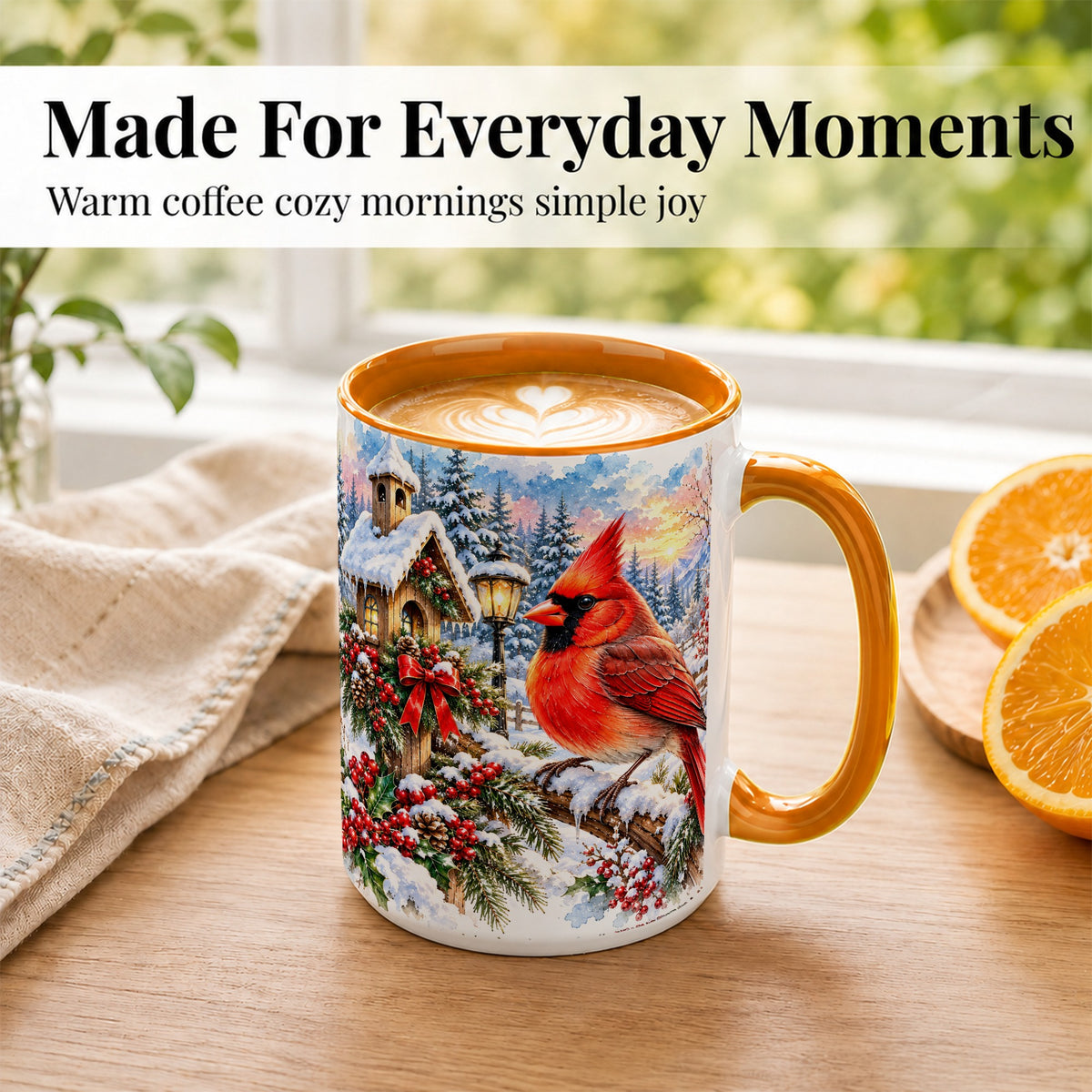 #pl[15oz|Orange] Watercolor Cardinal Coffee Mug, Winter Bird Mug, Ceramic Cup