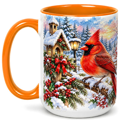 #pl[15oz|Orange] Watercolor Cardinal Coffee Mug, Winter Bird Mug, Ceramic Cup