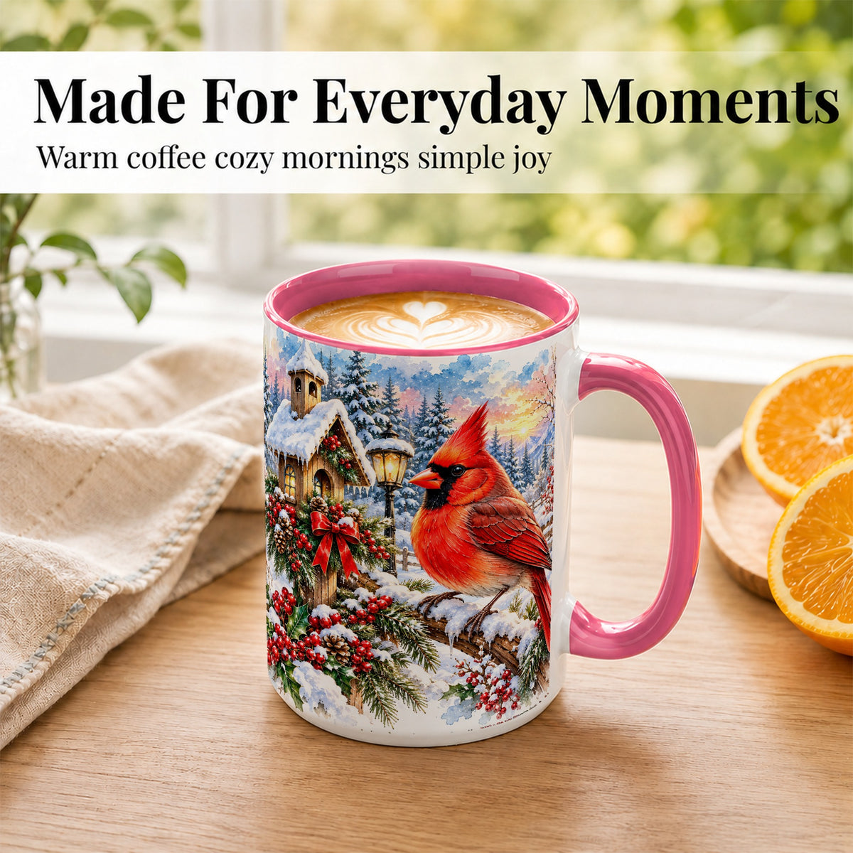 #pl[15oz|Pink] Watercolor Cardinal Coffee Mug, Winter Bird Mug, Ceramic Cup
