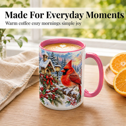 #pl[15oz|Pink] Watercolor Cardinal Coffee Mug, Winter Bird Mug, Ceramic Cup
