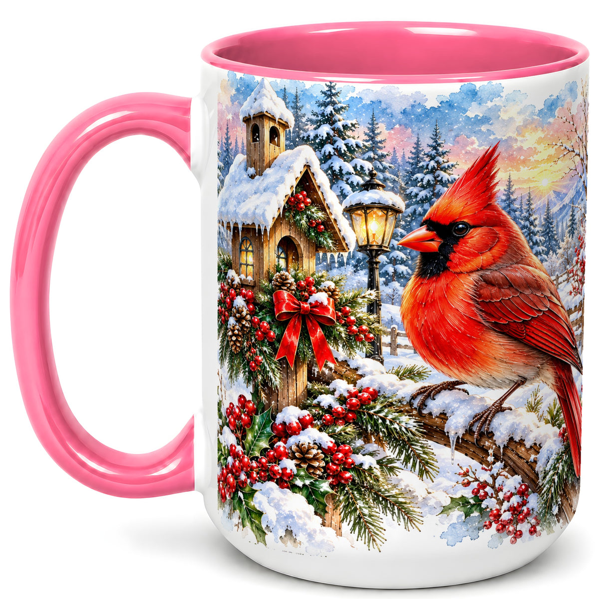#pl[15oz|Pink] Watercolor Cardinal Coffee Mug, Winter Bird Mug, Ceramic Cup