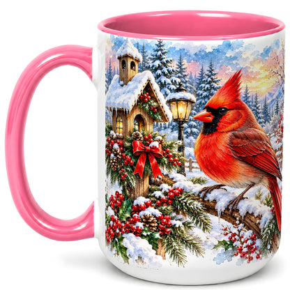 #pl[15oz|Pink] Watercolor Cardinal Coffee Mug, Winter Bird Mug, Ceramic Cup