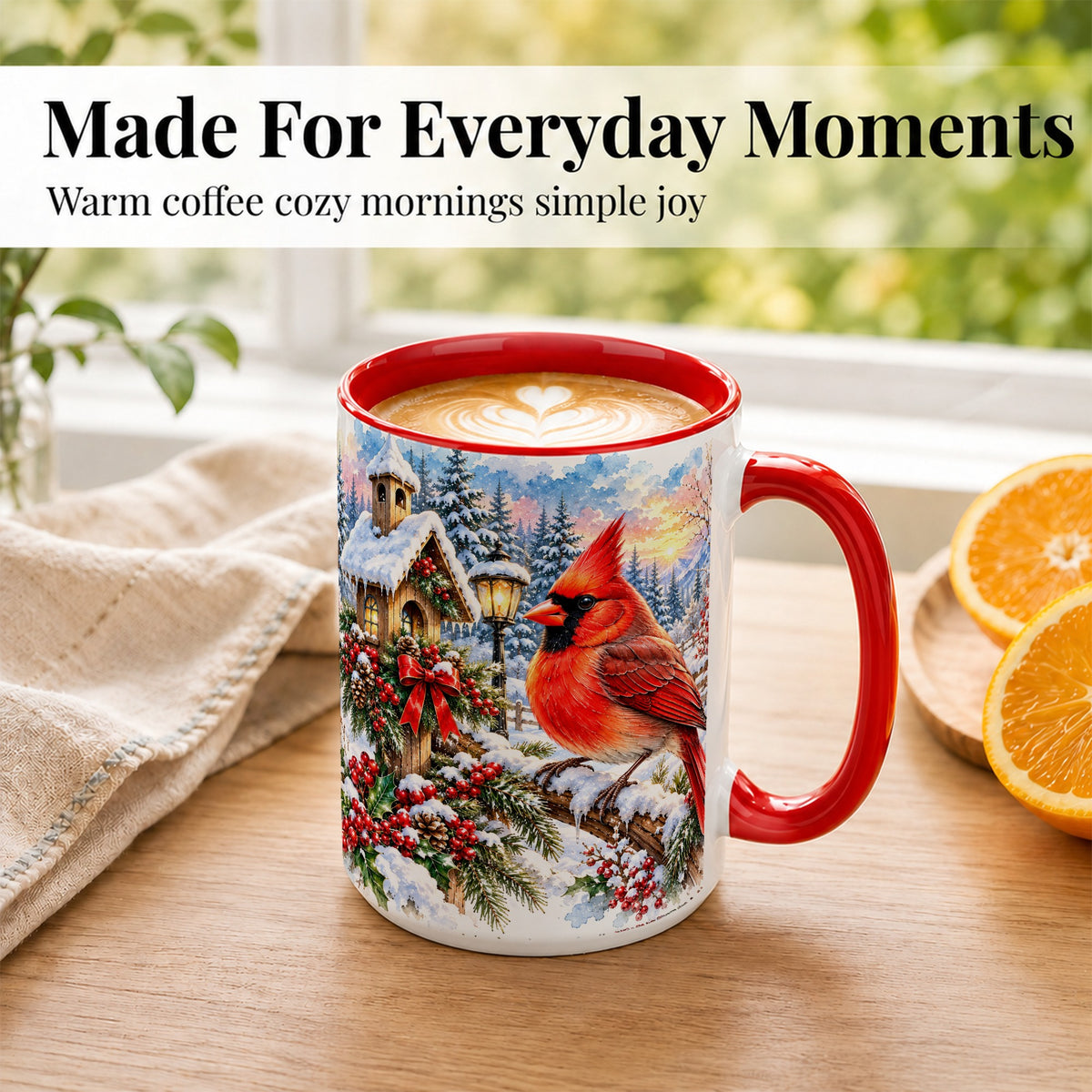 #pl[15oz|Red] Watercolor Cardinal Coffee Mug, Winter Bird Mug, Ceramic Cup