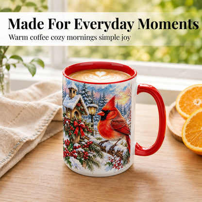 #pl[15oz|Red] Watercolor Cardinal Coffee Mug, Winter Bird Mug, Ceramic Cup