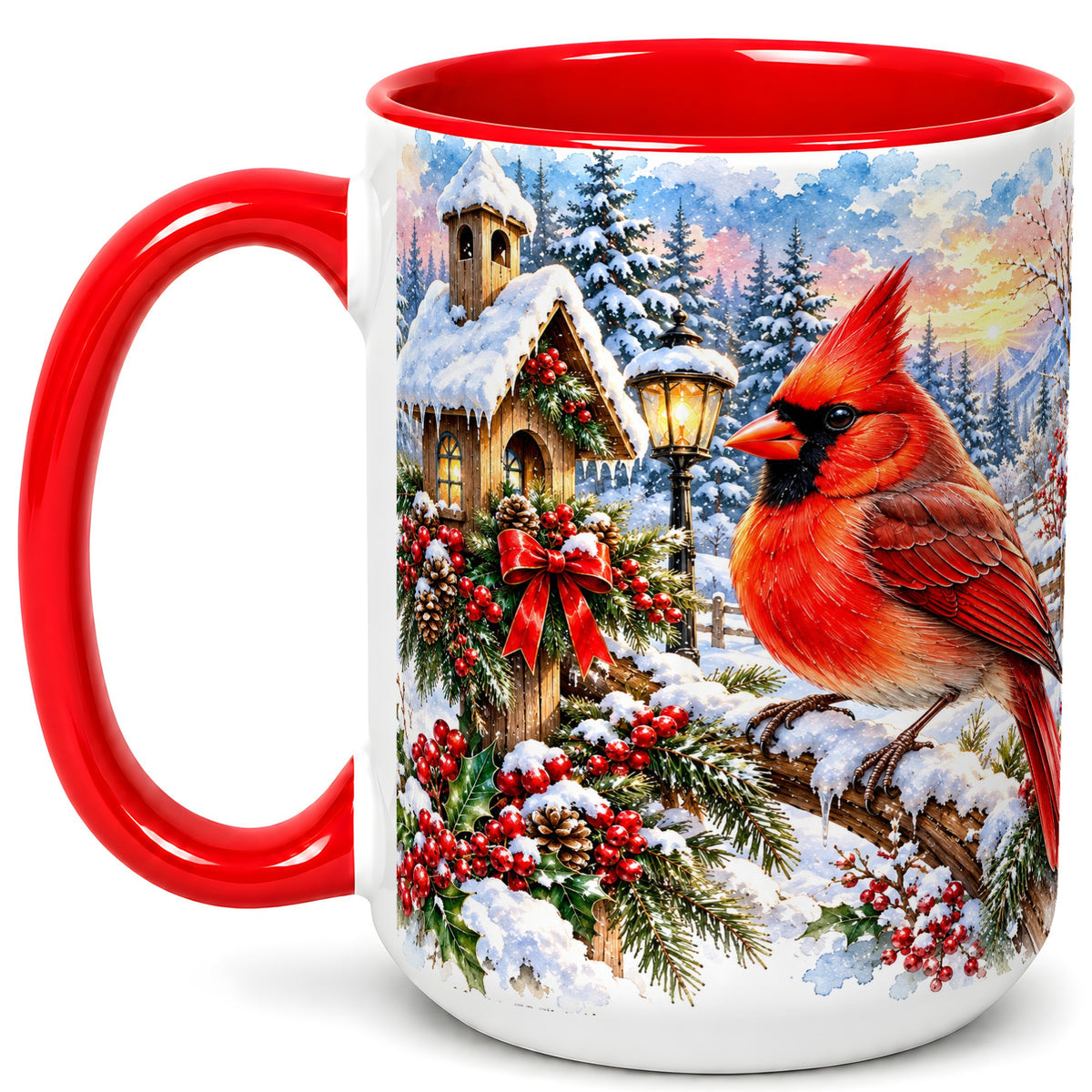 #pl[15oz|Red] Watercolor Cardinal Coffee Mug, Winter Bird Mug, Ceramic Cup