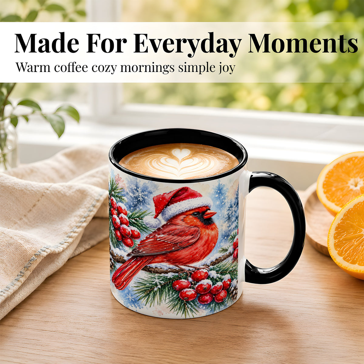 #pl[11oz|Black] Christmas Cardinal Coffee Mug, Winter Bird Mug, Ceramic Cup