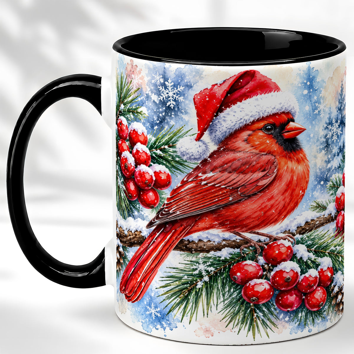 #pl[11oz|Black] Christmas Cardinal Coffee Mug, Winter Bird Mug, Ceramic Cup