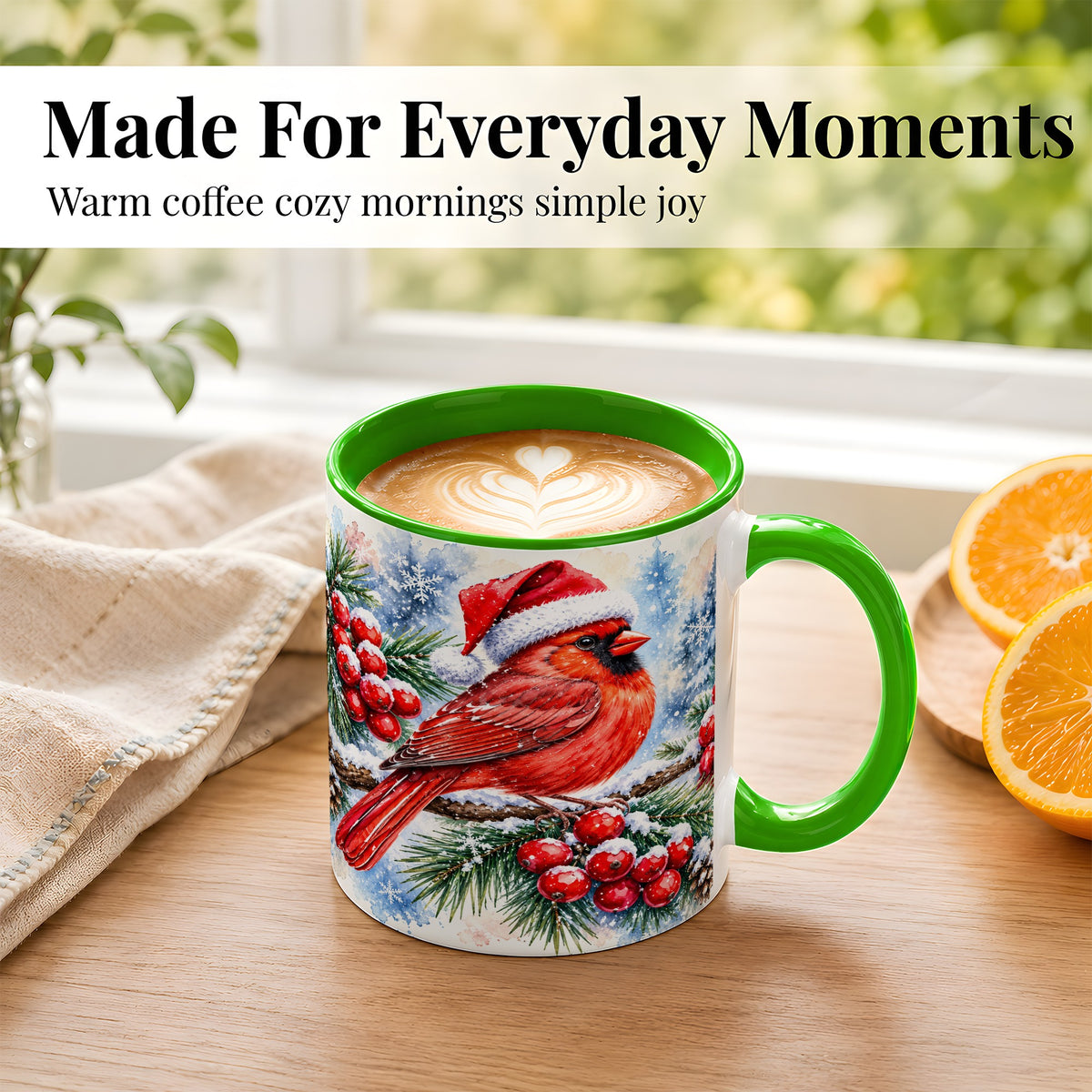 #pl[11oz|Green] Christmas Cardinal Coffee Mug, Winter Bird Mug, Ceramic Cup