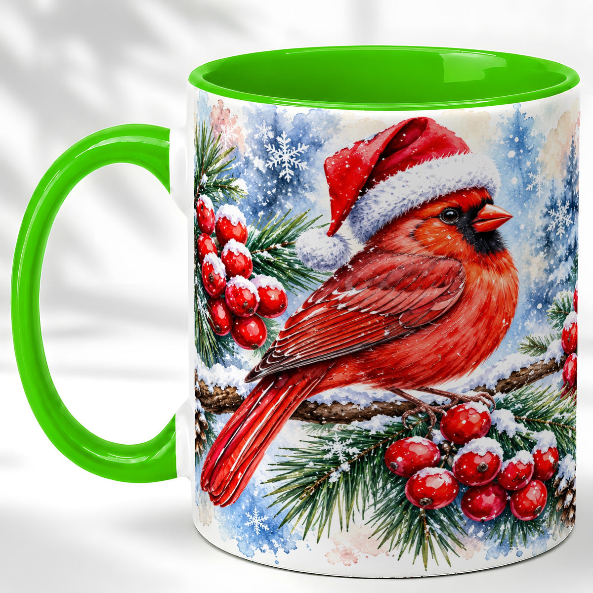 #pl[11oz|Green] Christmas Cardinal Coffee Mug, Winter Bird Mug, Ceramic Cup