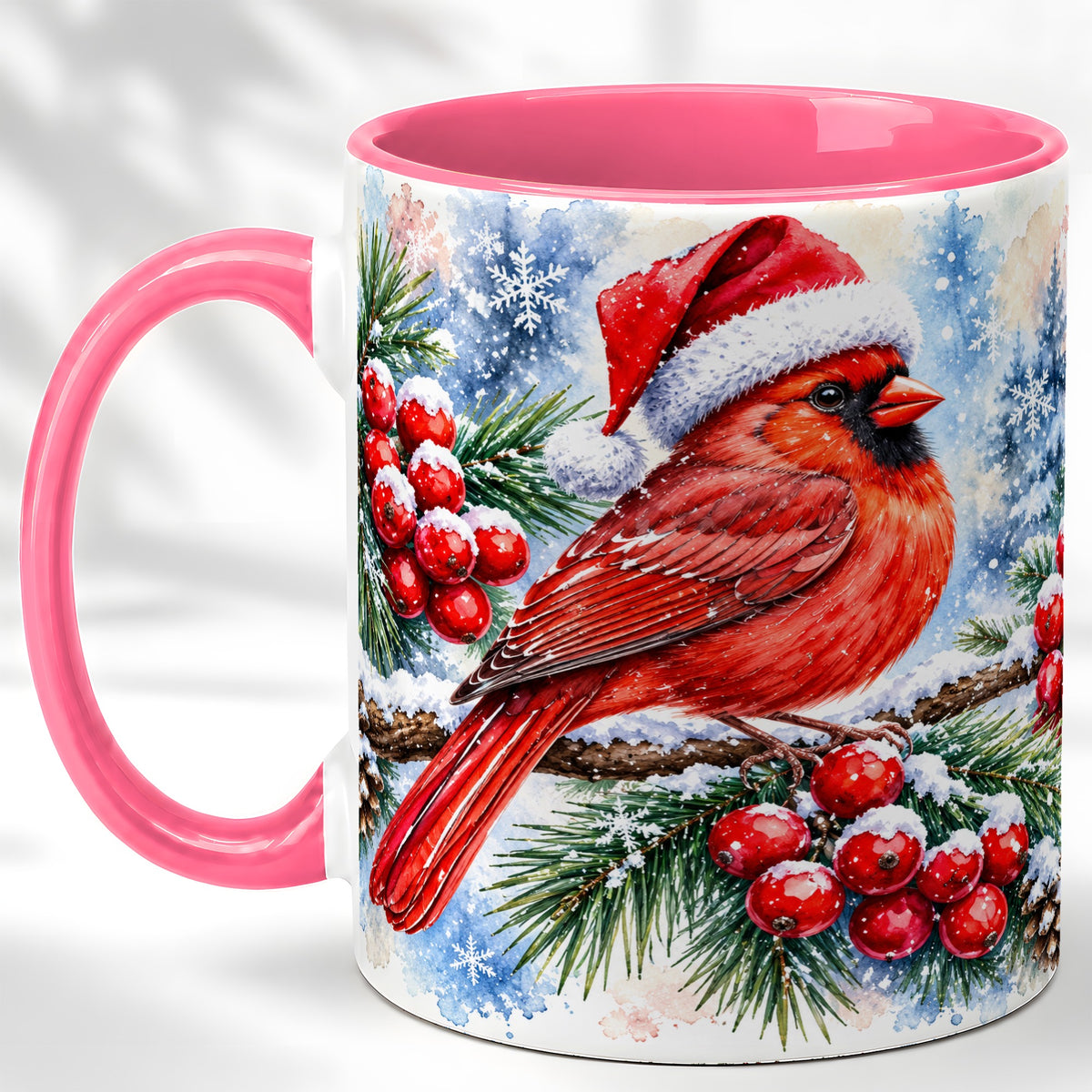 #pl[11oz|Pink] Christmas Cardinal Coffee Mug, Winter Bird Mug, Ceramic Cup