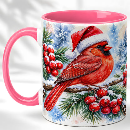 #pl[11oz|Pink] Christmas Cardinal Coffee Mug, Winter Bird Mug, Ceramic Cup