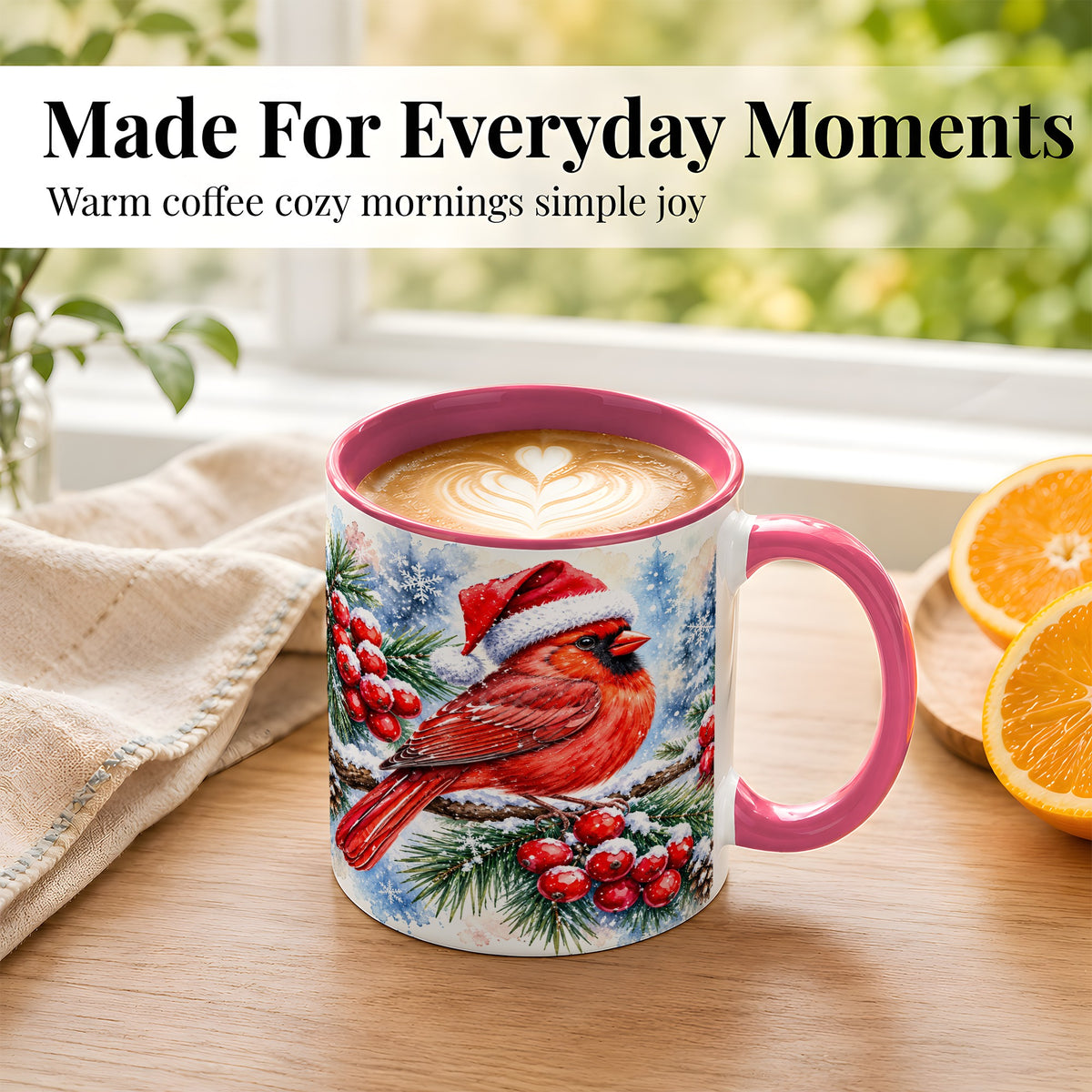 #pl[11oz|Pink] Christmas Cardinal Coffee Mug, Winter Bird Mug, Ceramic Cup