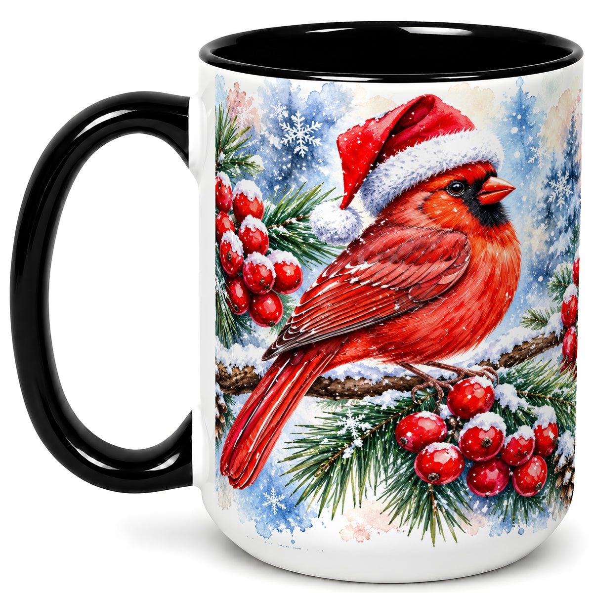 #pl[15oz|Black] Christmas Cardinal Coffee Mug, Winter Bird Mug, Ceramic Cup