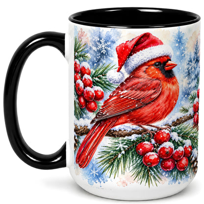 #pl[15oz|Black] Christmas Cardinal Coffee Mug, Winter Bird Mug, Ceramic Cup