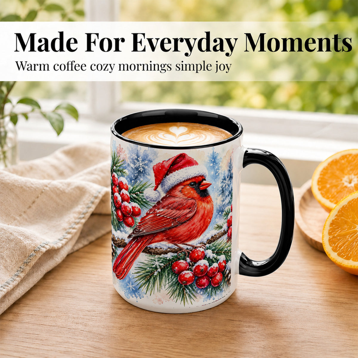 #pl[15oz|Black] Christmas Cardinal Coffee Mug, Winter Bird Mug, Ceramic Cup