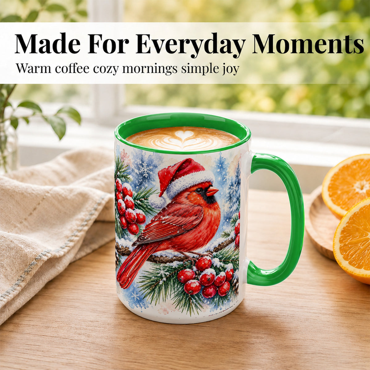 #pl[15oz|Green] Christmas Cardinal Coffee Mug, Winter Bird Mug, Ceramic Cup