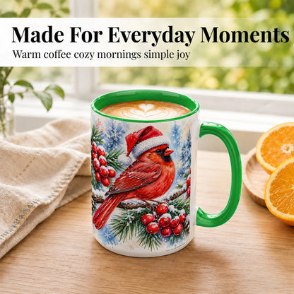 #pl[15oz|Green] Christmas Cardinal Coffee Mug, Winter Bird Mug, Ceramic Cup
