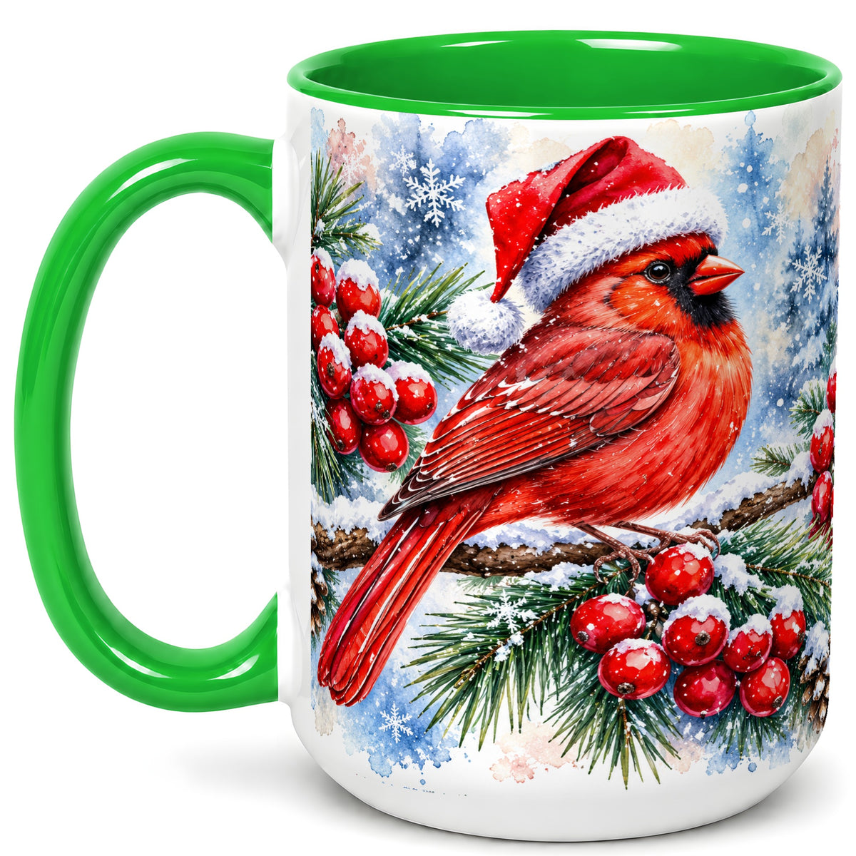 #pl[15oz|Green] Christmas Cardinal Coffee Mug, Winter Bird Mug, Ceramic Cup