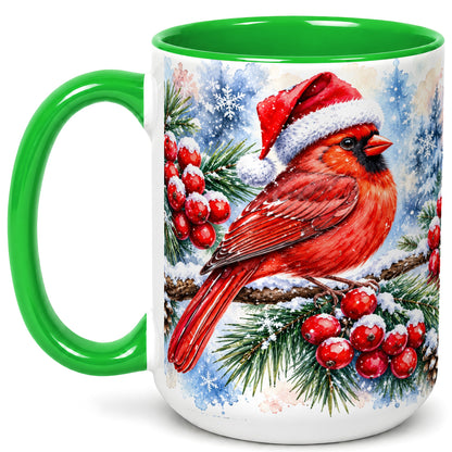 #pl[15oz|Green] Christmas Cardinal Coffee Mug, Winter Bird Mug, Ceramic Cup