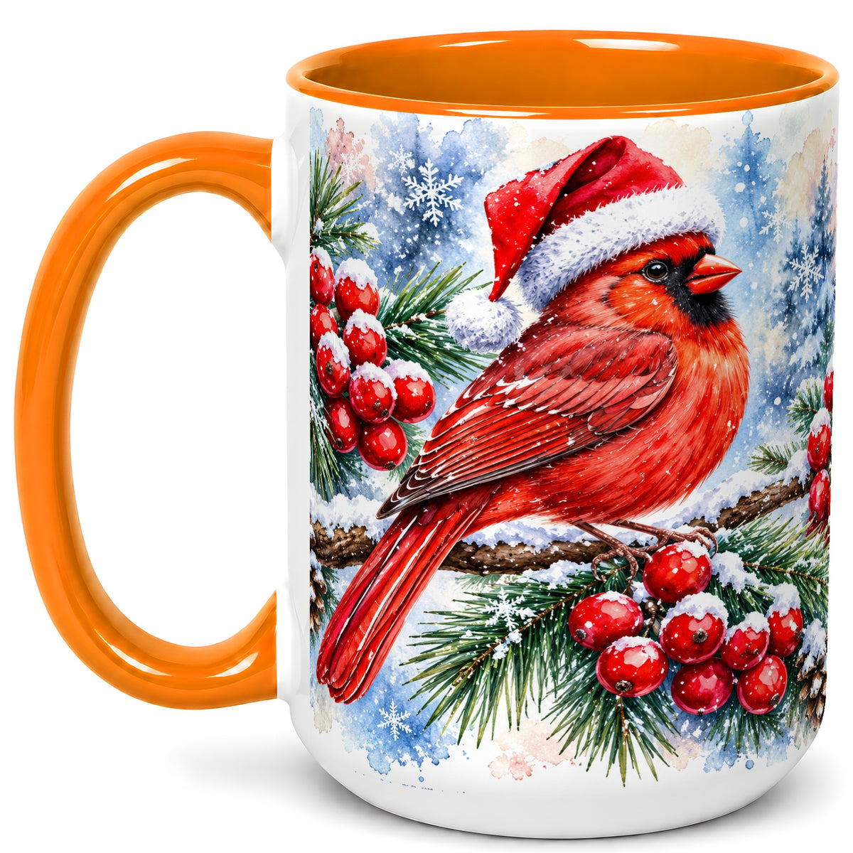 #pl[15oz|Orange] Christmas Cardinal Coffee Mug, Winter Bird Mug, Ceramic Cup