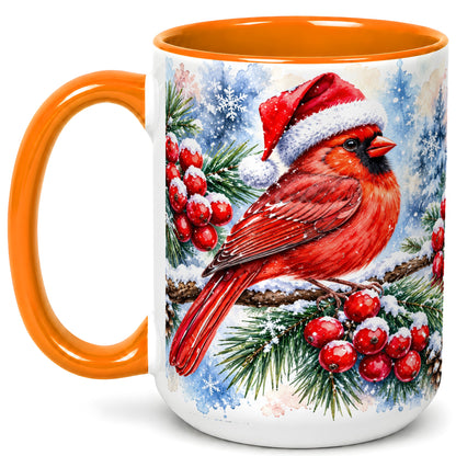 #pl[15oz|Orange] Christmas Cardinal Coffee Mug, Winter Bird Mug, Ceramic Cup