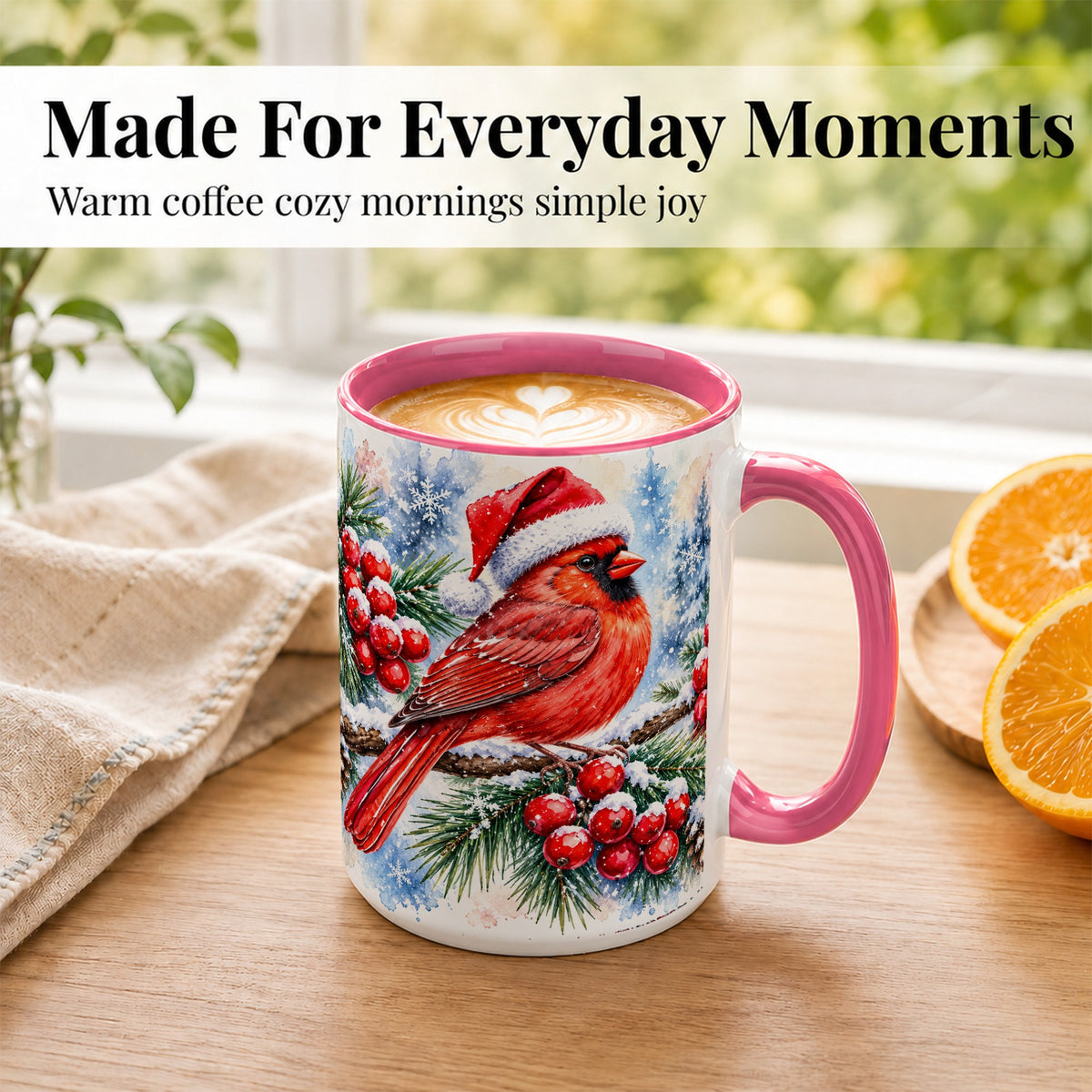 #pl[15oz|Pink] Christmas Cardinal Coffee Mug, Winter Bird Mug, Ceramic Cup
