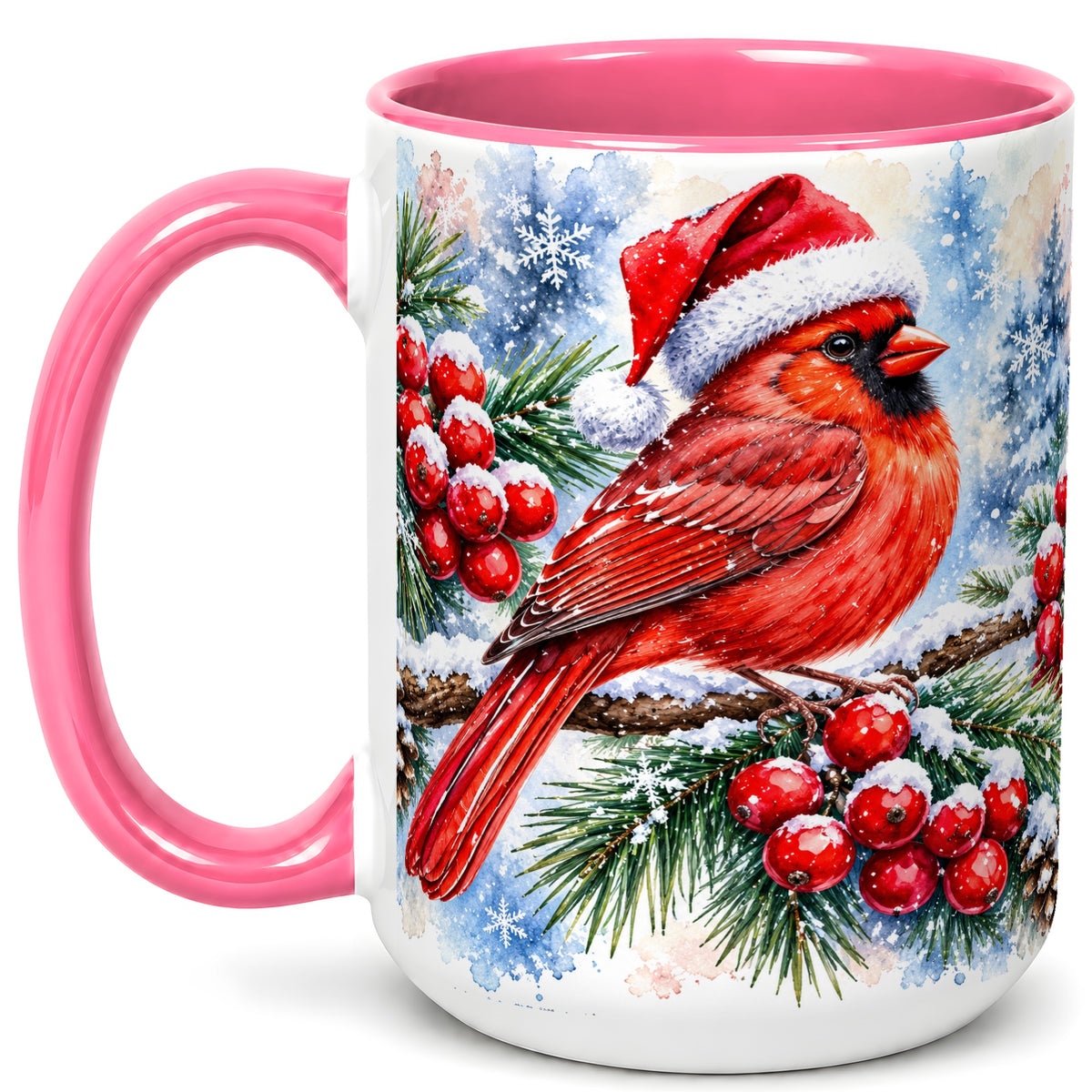 #pl[15oz|Pink] Christmas Cardinal Coffee Mug, Winter Bird Mug, Ceramic Cup