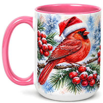 #pl[15oz|Pink] Christmas Cardinal Coffee Mug, Winter Bird Mug, Ceramic Cup