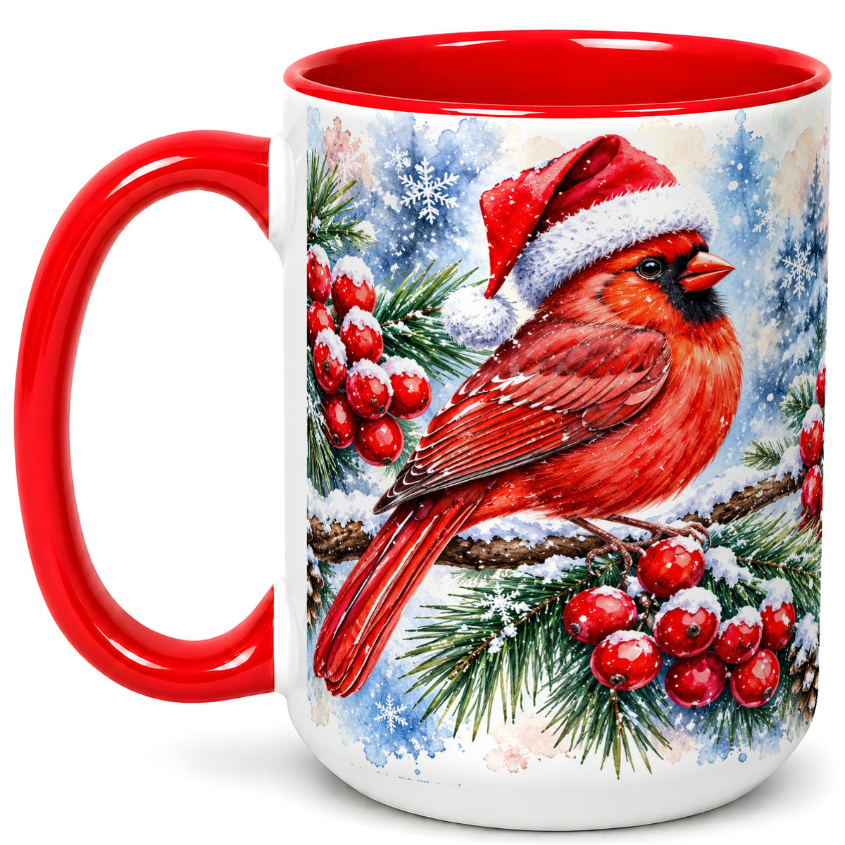 #pl[15oz|Red] Christmas Cardinal Coffee Mug, Winter Bird Mug, Ceramic Cup