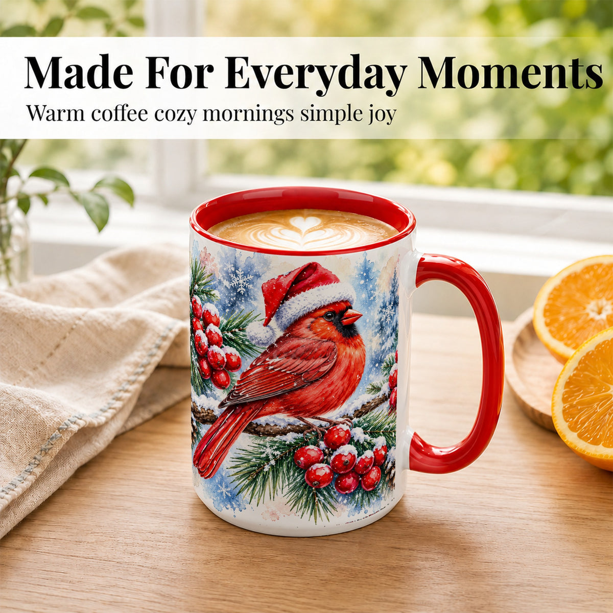 #pl[15oz|Red] Christmas Cardinal Coffee Mug, Winter Bird Mug, Ceramic Cup