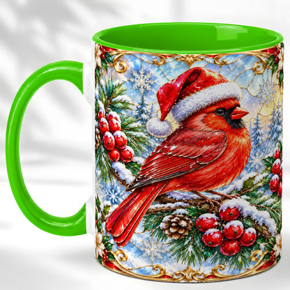 #pl[11oz|Green] Ornate Cardinal Coffee Mug, Christmas Bird Mug, Ceramic Cup