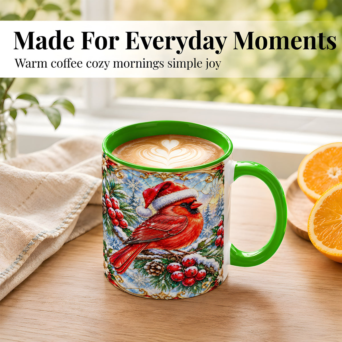 #pl[11oz|Green] Ornate Cardinal Coffee Mug, Christmas Bird Mug, Ceramic Cup