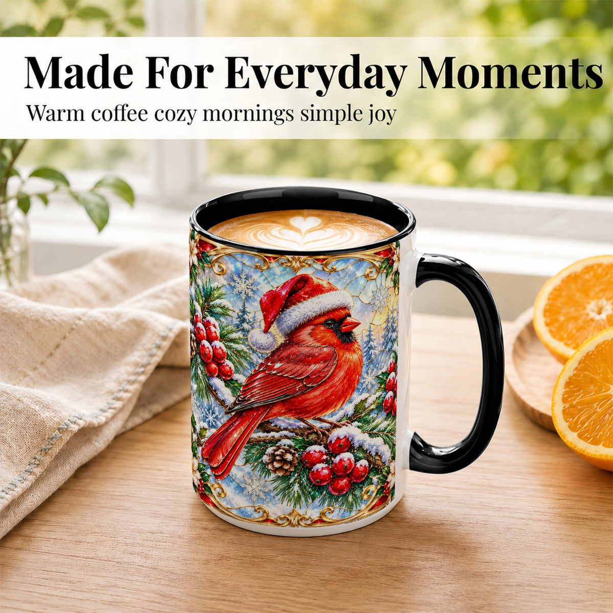 #pl[15oz|Black] Ornate Cardinal Coffee Mug, Christmas Bird Mug, Ceramic Cup