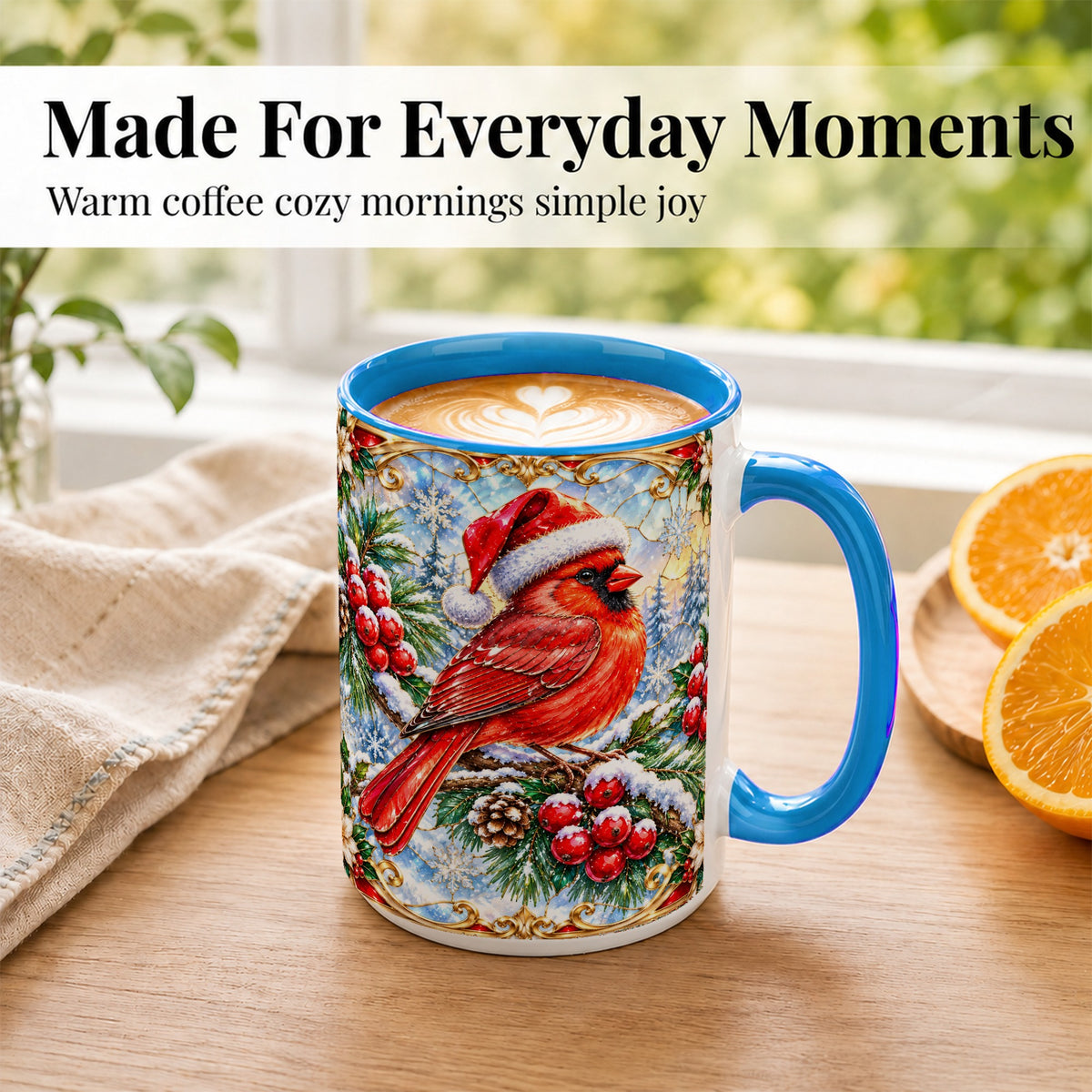 #pl[15oz|Blue] Ornate Cardinal Coffee Mug, Christmas Bird Mug, Ceramic Cup