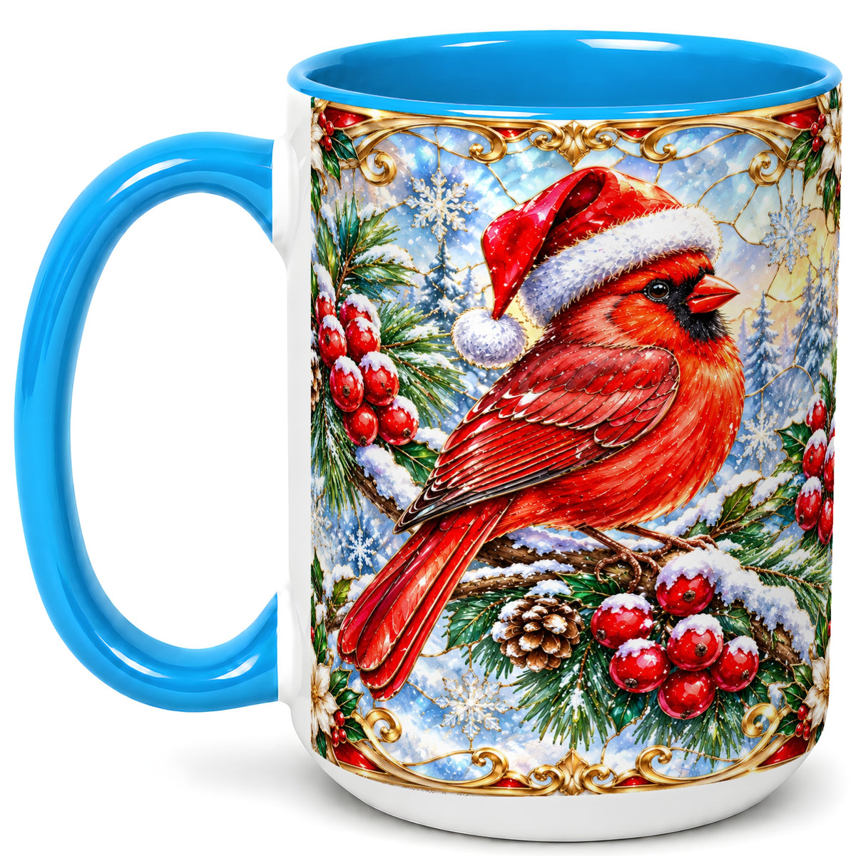 #pl[15oz|Blue] Ornate Cardinal Coffee Mug, Christmas Bird Mug, Ceramic Cup