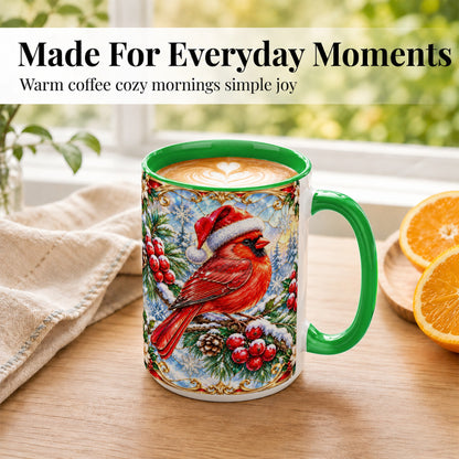 #pl[15oz|Green] Ornate Cardinal Coffee Mug, Christmas Bird Mug, Ceramic Cup