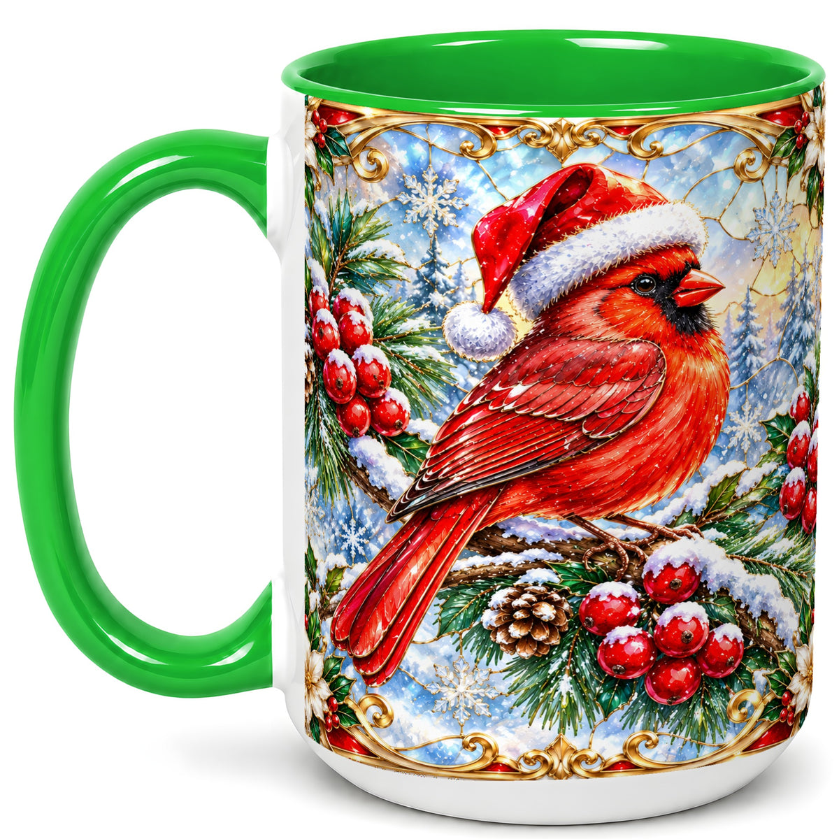 #pl[15oz|Green] Ornate Cardinal Coffee Mug, Christmas Bird Mug, Ceramic Cup