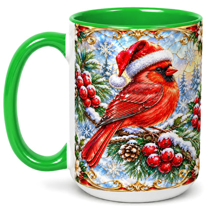 #pl[15oz|Green] Ornate Cardinal Coffee Mug, Christmas Bird Mug, Ceramic Cup
