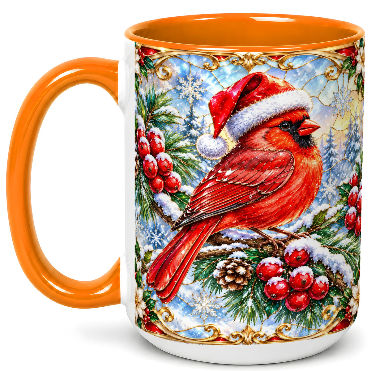 #pl[15oz|Orange] Ornate Cardinal Coffee Mug, Christmas Bird Mug, Ceramic Cup