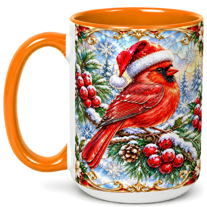 #pl[15oz|Orange] Ornate Cardinal Coffee Mug, Christmas Bird Mug, Ceramic Cup