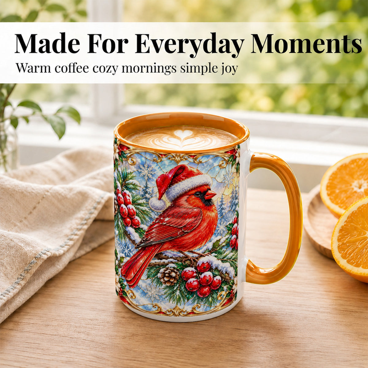 #pl[15oz|Orange] Ornate Cardinal Coffee Mug, Christmas Bird Mug, Ceramic Cup