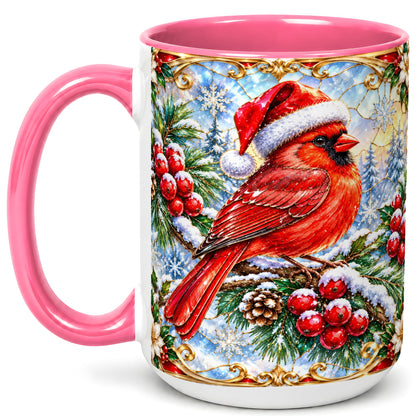 #pl[15oz|Pink] Ornate Cardinal Coffee Mug, Christmas Bird Mug, Ceramic Cup